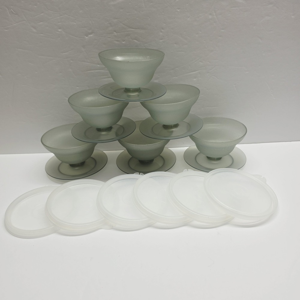 6 Vintage Tupperware Smokey Gray Footed Dessert Cups with Lids